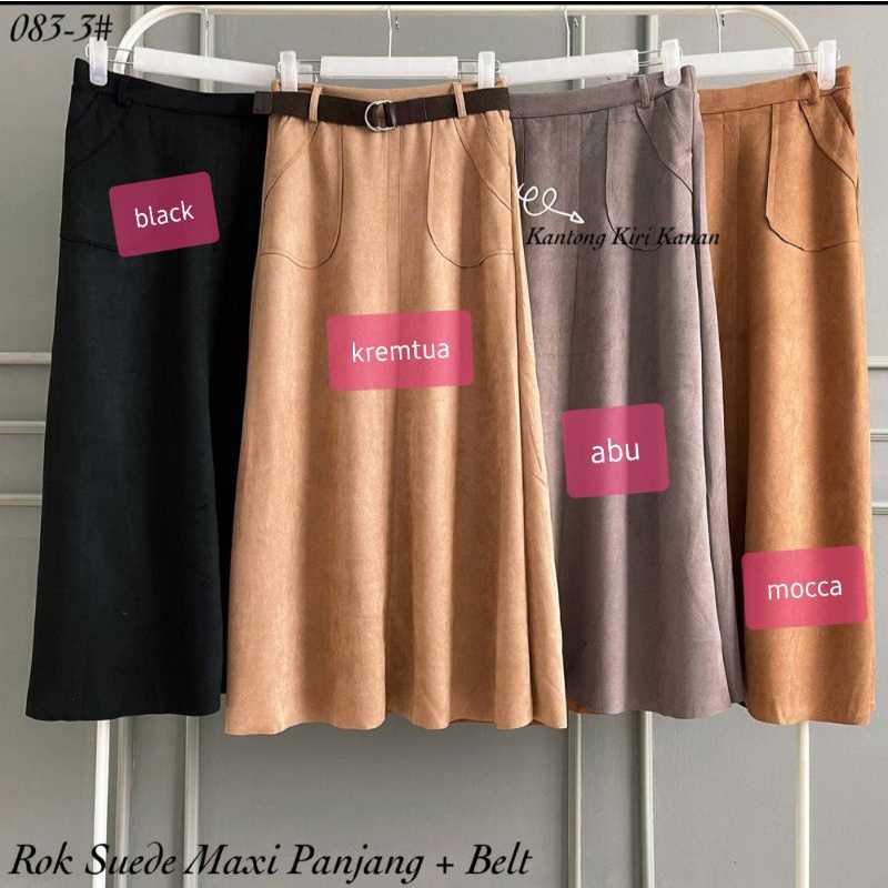 rok suede import with belt | rok suede panjang | rok hitam panjang import