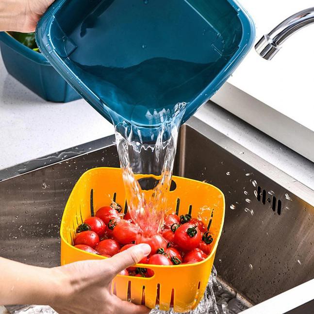 K3P8 Baskom Wadah Tempat Cuci Sayur Buah Saringan Tirisan Kotak Plastik - Cokelat «B6