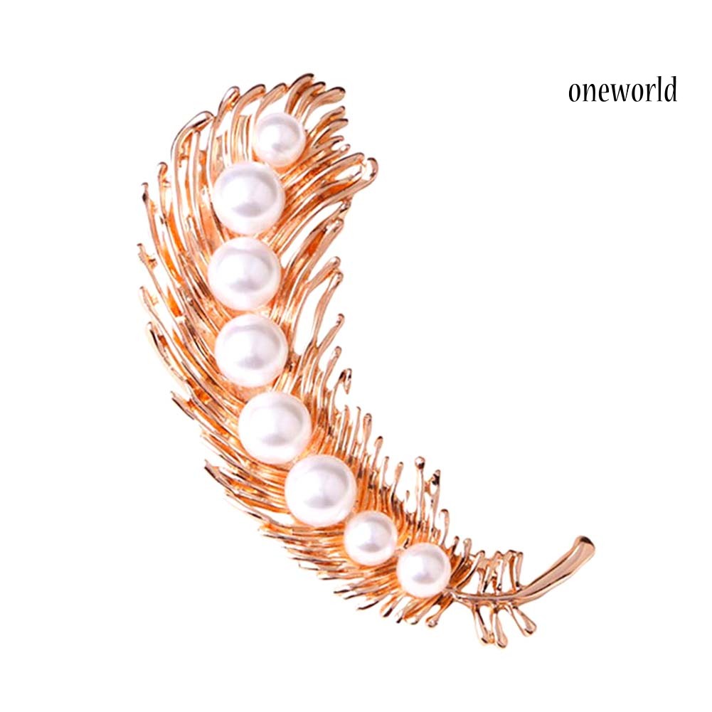 OW@ Elegant Women Faux Pearl Inlaid Feather Shape Brooch Pin Corsage Scarf Accessory