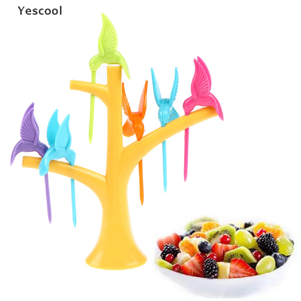 Yescool 1 Set Garpu Buah / Sayur / Dessert Bentuk Pohon / Burung Bahan Plastik