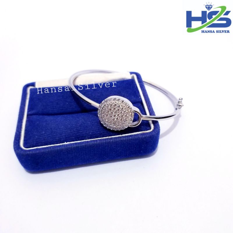 Gelang Bangle Perak Asli Silver 925 Lapis Emas Putih Model Bulat Permata - Perhiasan Perak Wanita