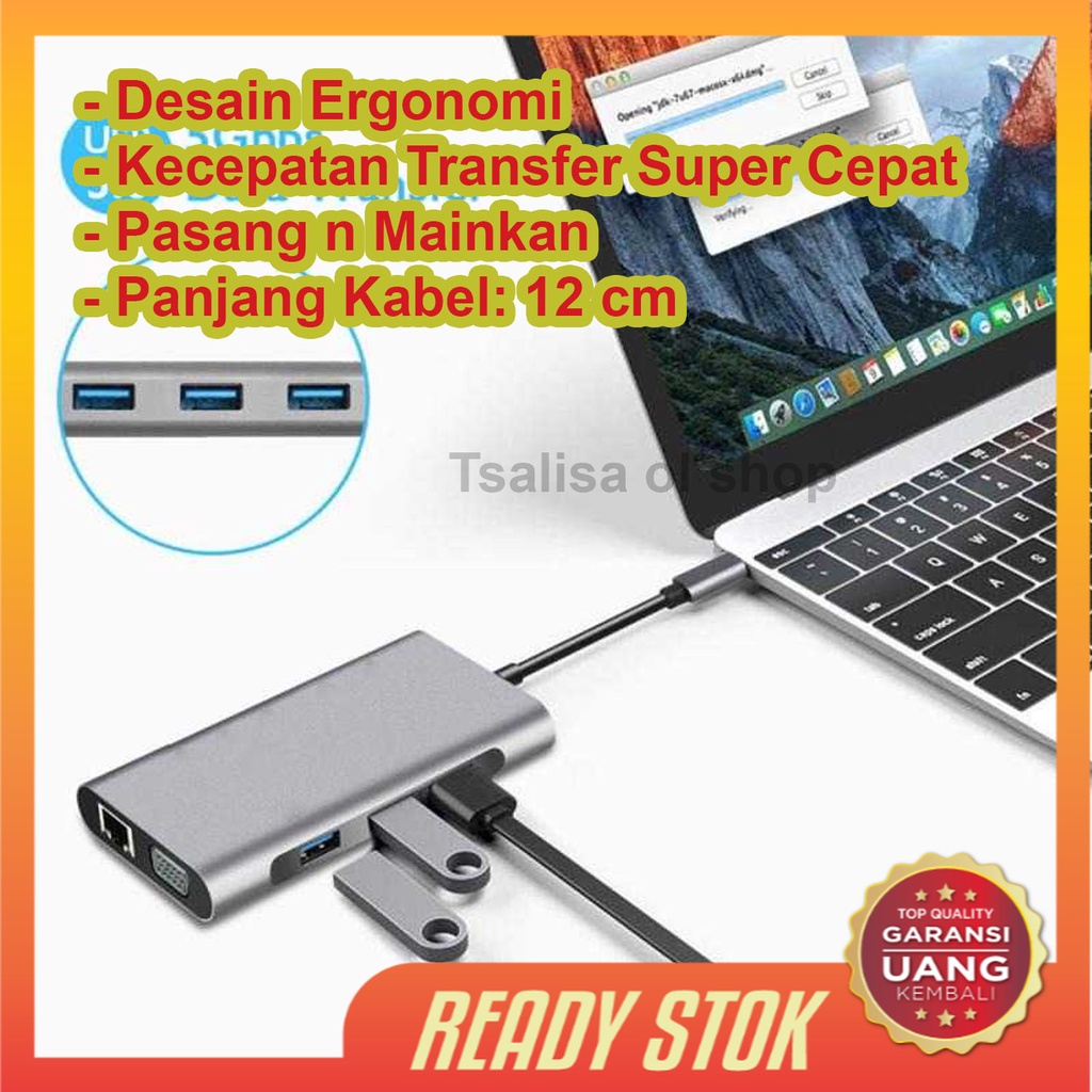 EASYIDEA USB 10 in1 Type C Hub HDMI+VGA+USB 3.0+RJ45+Card Reader HB3004