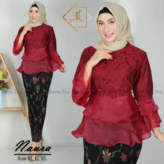 Setelan kebaya brukat mix organza / kebaya modern / set naura / maroon / navy / abu / coksu / gold