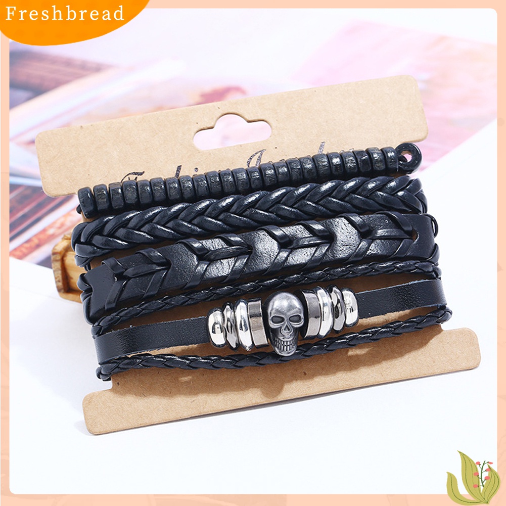 [Fresh] 4Pcs / Set Gelang Tangan Strap Kepang Motif Kepala Tengkorak Ala Vintage untuk Pria / Club