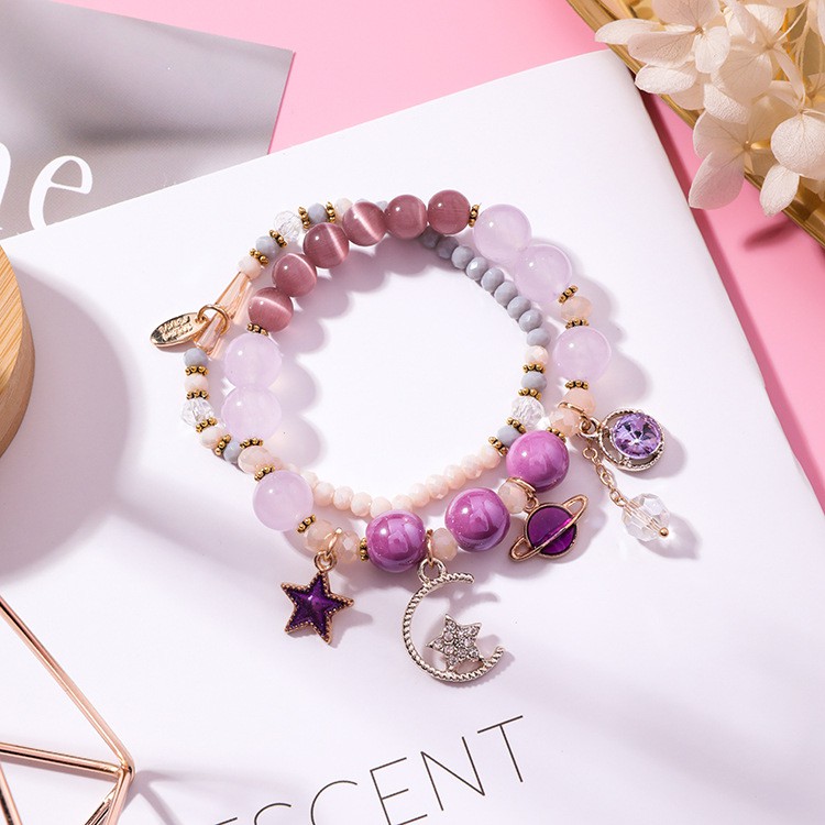 XiaoboACC 2Pcs/Set Gelang Tangan Multi Layer Aksen Bintang / Bulan / Mata Kucing Ala Korea untuk Wanita
