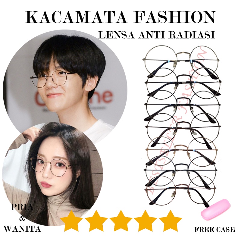 Kacamata Fashion round besi bulat gaya korea boboho lensa anti radiasi Kacamata Pria dan Wanita Blueray FREECASE