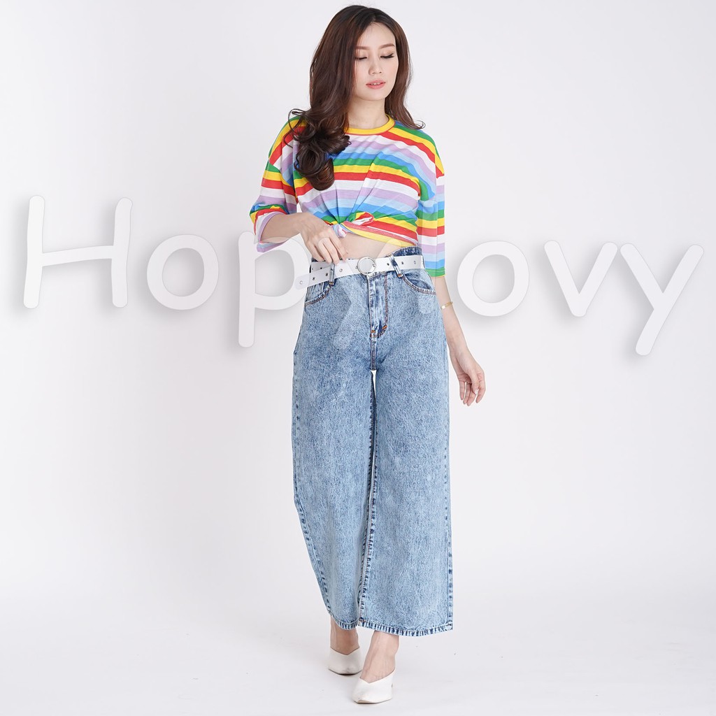 HOPYLOVY - Celana Jeans Boyfriend Wanita Model Kulot Snow Acid Asterada