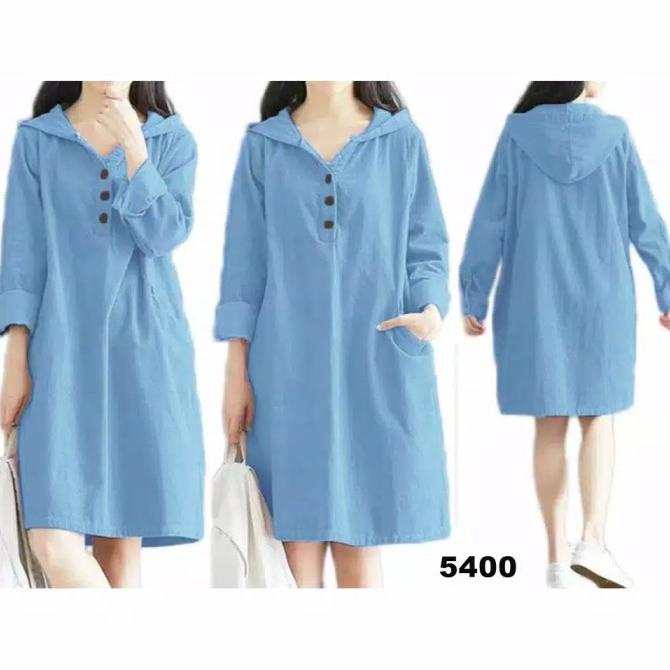 ATASAN BIRU DENIM JUMBO KATUN ADEM/BLOUSE POLOS TUNIK PANJANG LD 110