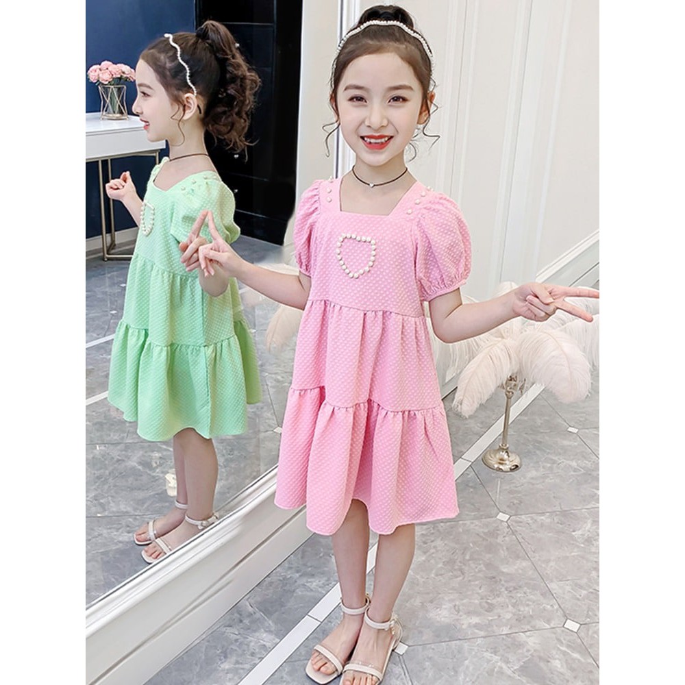 Promo !! Dress anak cewek imut dress pearl love shoulder colour import uk 3-8thn DOMINAN 160 (hijau,pink)