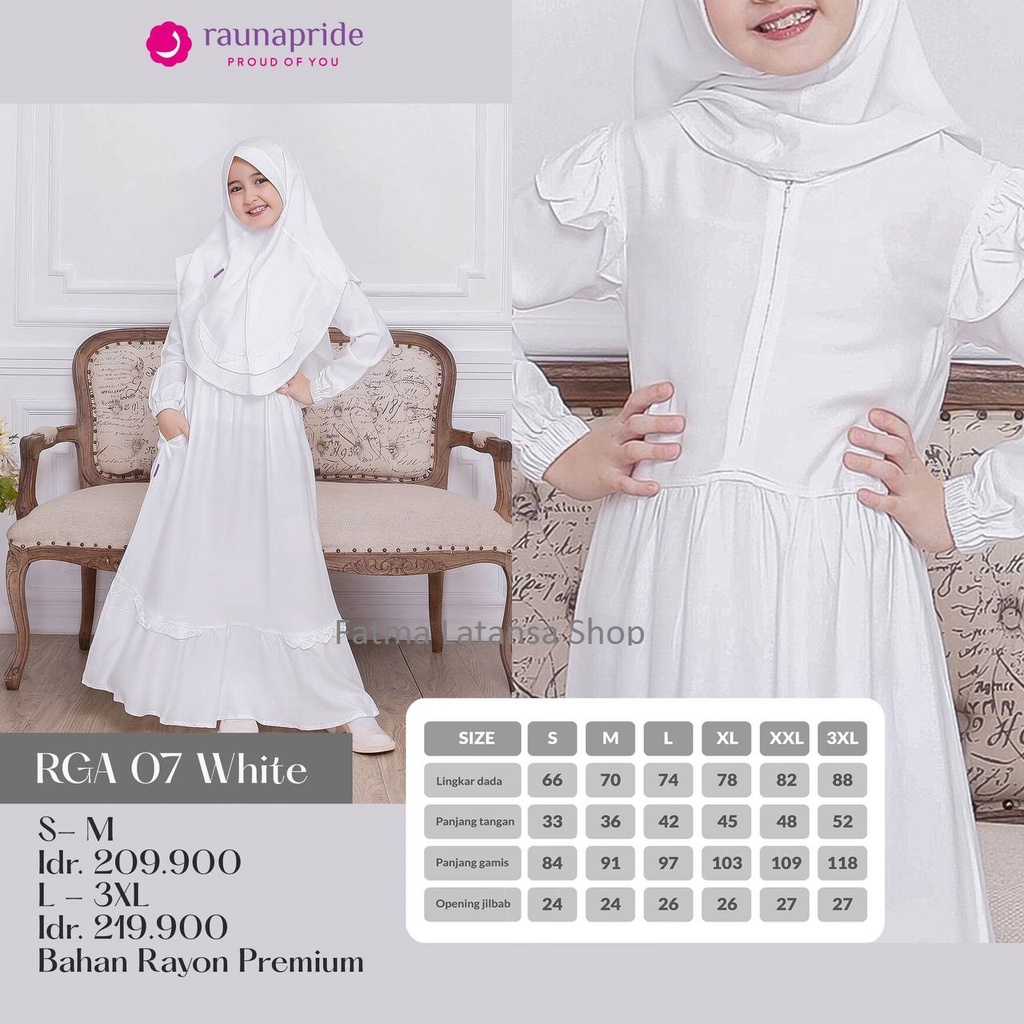 Gamis anak Rauna rga 07 / dress anak / Baju anak muslimah / baju putih / gamis plus jilbab /dress ki