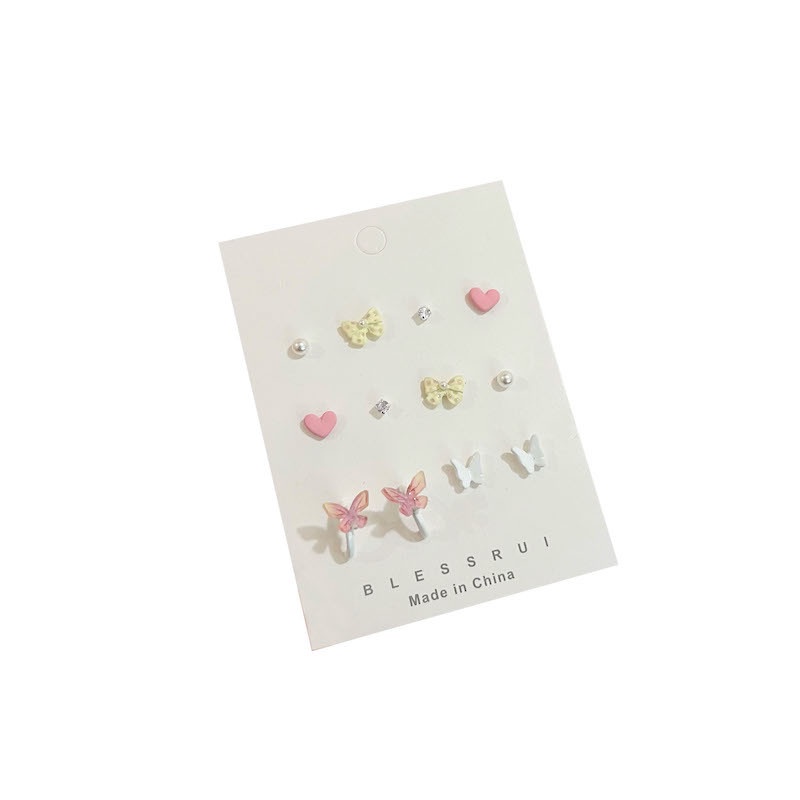 6 Pasang / Set Anting Stud Desain Kupu-Kupu Hati Kristal Mutiara Untuk Aksesoris Perhiasan Wanita