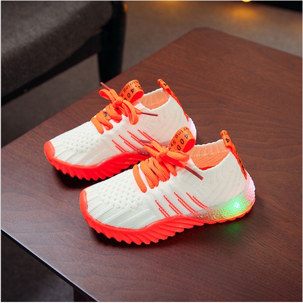 [Size 21-30]  WILL Breathable Sneakers Fashion Kids Shoes dengan Lampu LED Sepatu Anak Casual Shoes-Orange Putih