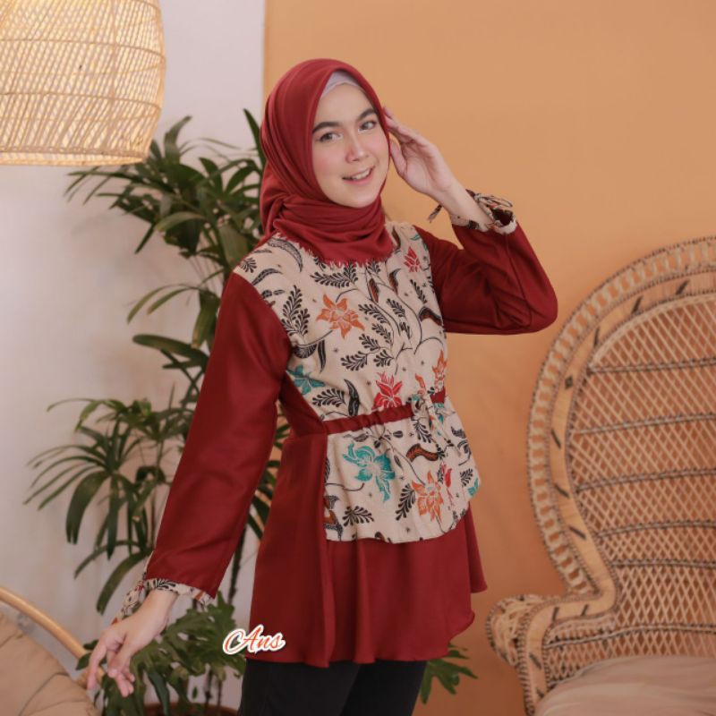 Batik wanita ASJ SA HRB026 Kenongo Kemeja Tosca Pendek-Salju merah