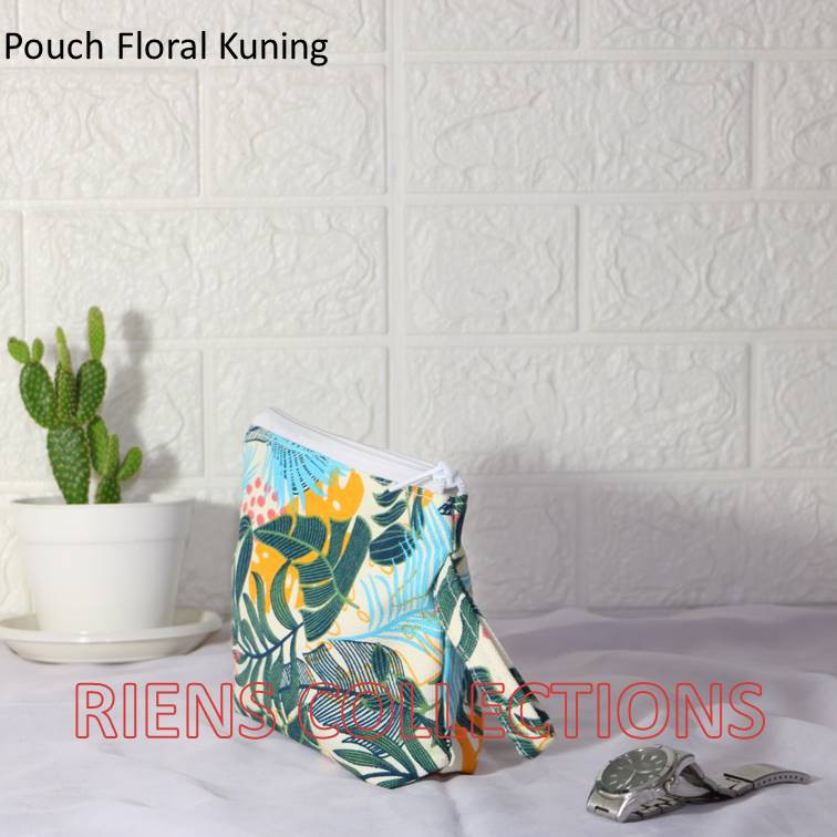 DOMPET KANVAS POUCH KANVAS MOTIF FLORAL KUNING. Riens Collections