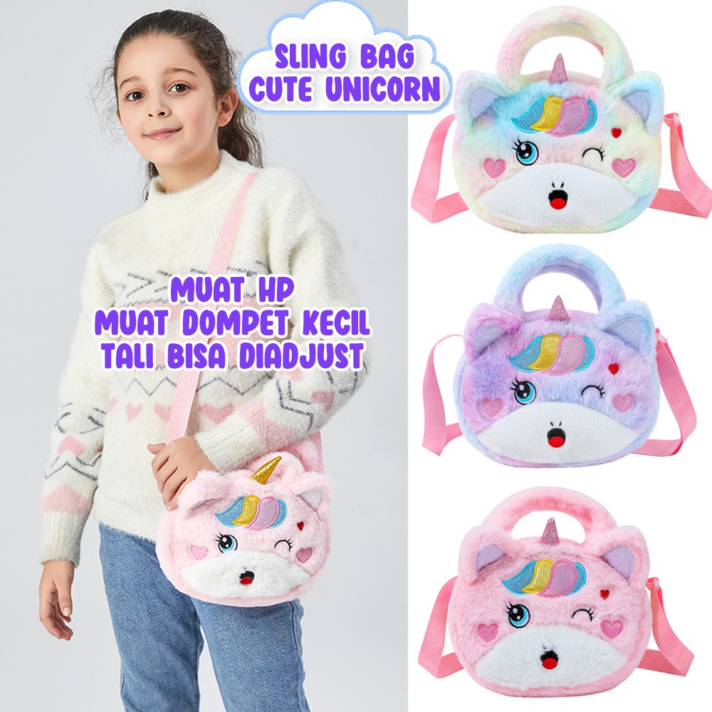 Sling Bag Tas Jalan Anak Perempuan Motif Bulu Unicorn Mata Kedip Tas Selempang Bulu Unicorn Tas Fashion Unicorn Anak Perempuan Kado Anak Tas Bahu Import Berkualitas