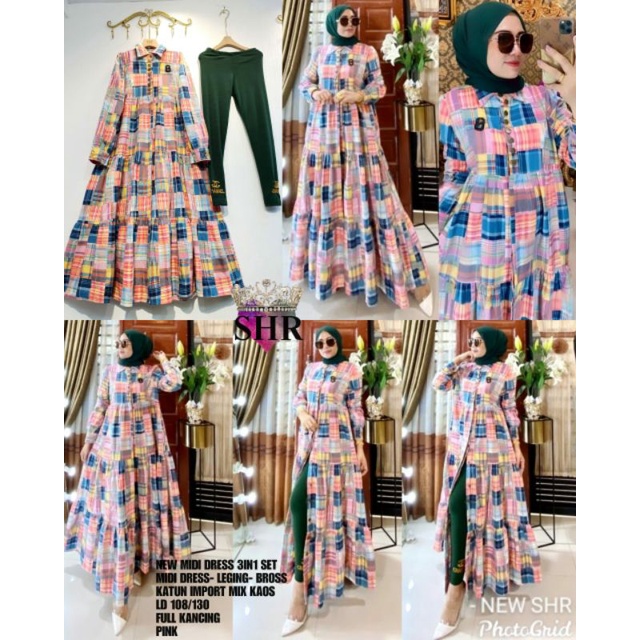 NEW MIDI DRESS 3IN1 SET MIDI DRESS-LEGING-BROSS KATUN IMPORT MIX KAOS LD108/130 FULL KANCING 100%ORI