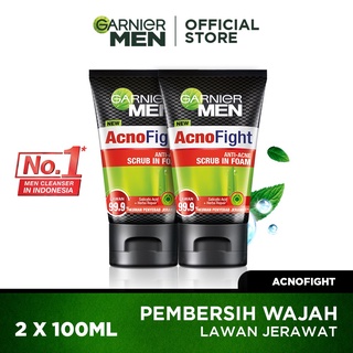 Image of Garnier Men Acno Fight Anti-Acne Scrub In Foam Cleanser 100 ml - Twinpack (Pembersih Wajah Pria)
