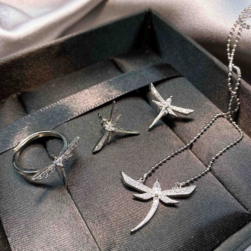 Temperament Entry Lux Dragonfly Necklace Ring Earrings Set