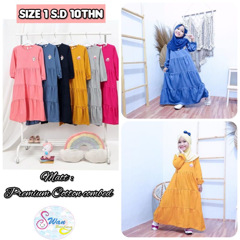 Gamis Kaos Anak Size 1 s.d 10 Tahun / Gamis Hulahop Aplikasi Bordir Bahan Katun Adem