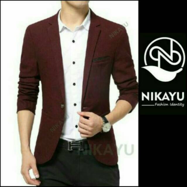 Jas Blazer Pria Slim Fit Formal REDWINE [NIKAYU Premium + Bonus Cover] Casual Merah Tua Pria Cowok B