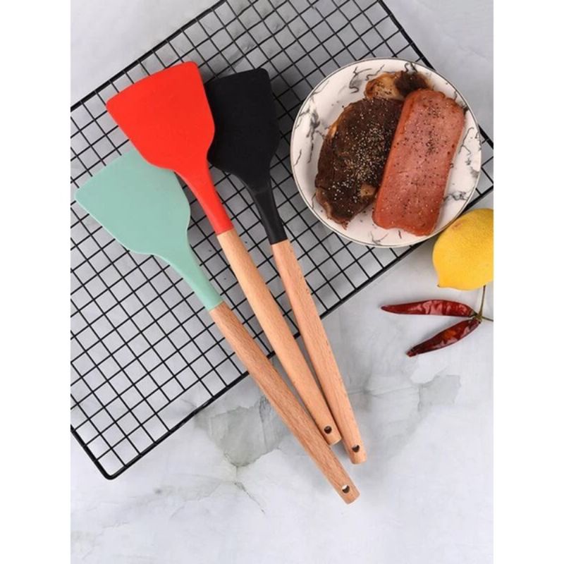 Spatula Silicone Masak Spatula Besar Gagang Kayu Sutil Silikon Utensil Turner Sutil