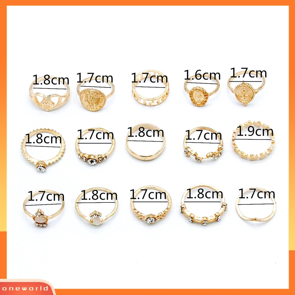 15 Pcs / Set Cincin Jari Bahan Alloy Aksen Kristal Imitasi Bentuk Hati Artistik Untuk Pemakaian Sehari-Hari