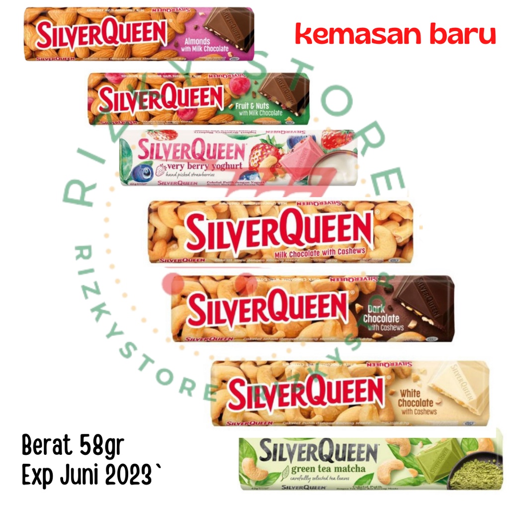 

SILVERQUEEN 58 GRAM, COKLAT GREEN TEA , ALMOND , MEDE, SILVER QUEEN