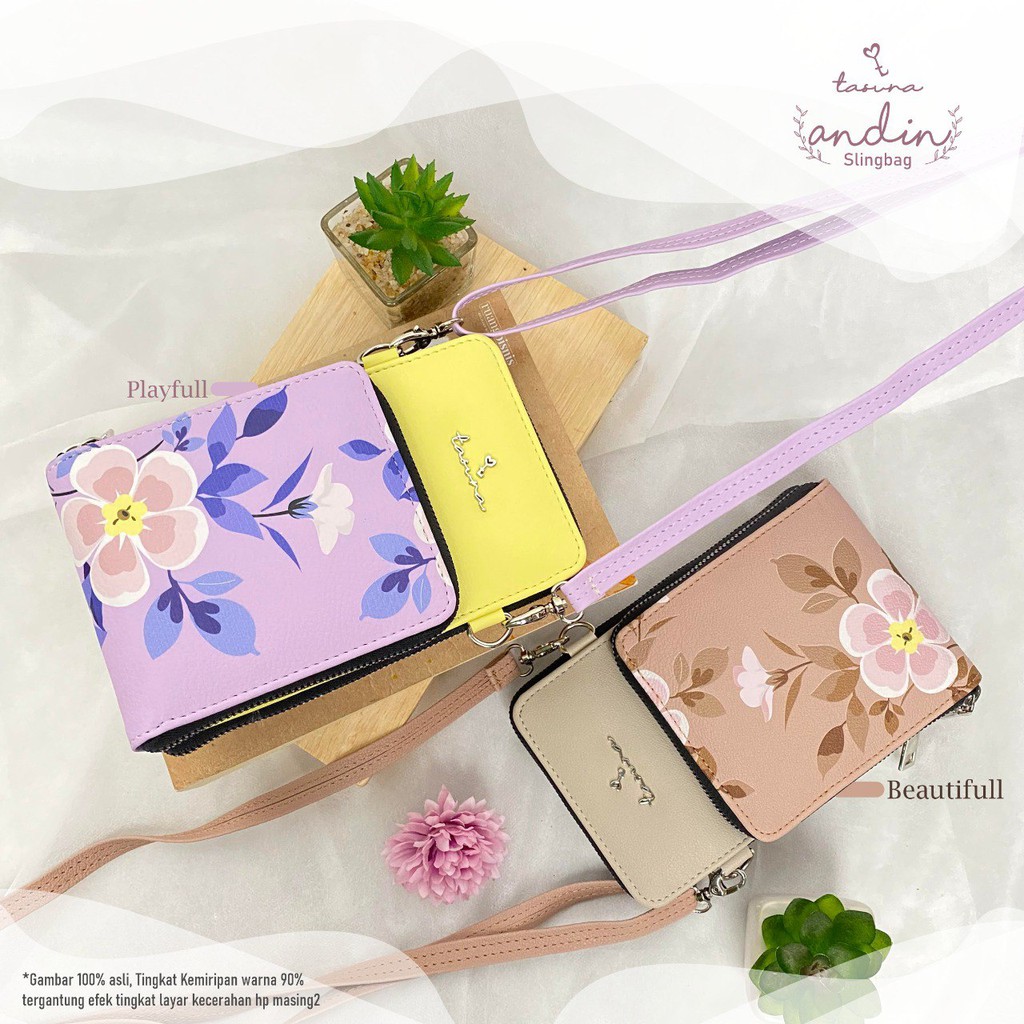 Phone Wallet Sling Bag Wanita Motif Bunga Model Tas Selempang Dompet HP Bahan Kulit Sintetis Andin