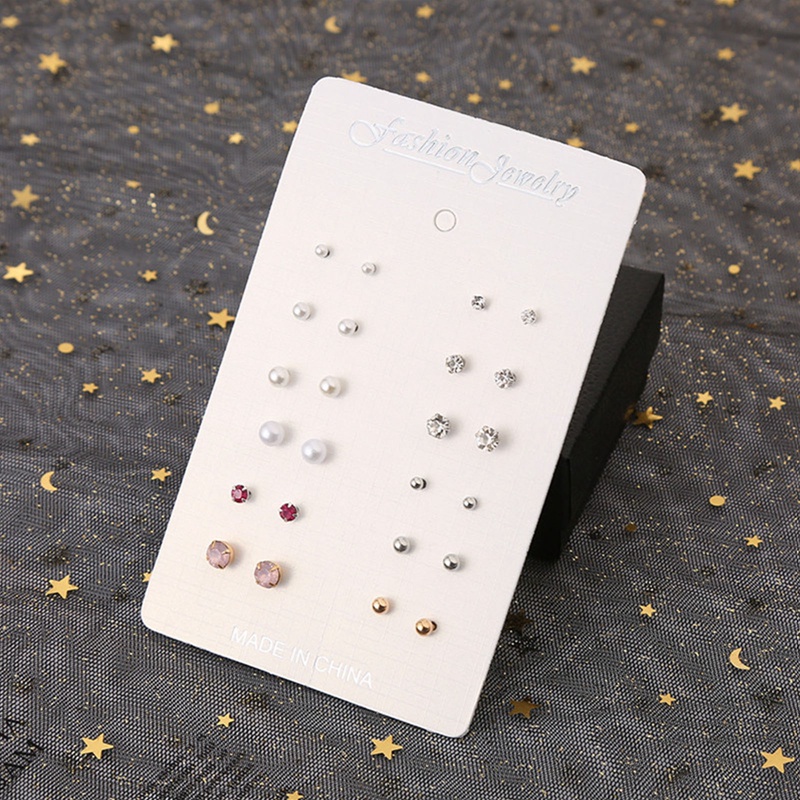 12 Pasang / Set Anting Stud Berlian Imitasi Bahan Alloy Untuk Wanita