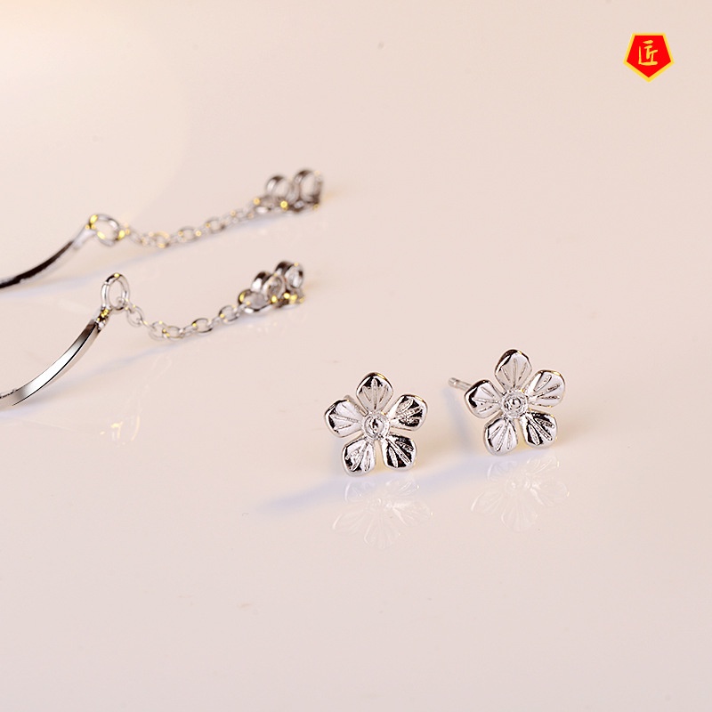 [Ready Stock]Fashion 925 Silver Long Wave Tassel Peach Blossom Studs