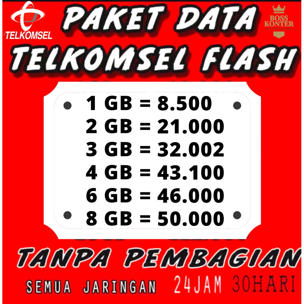 MURAH PAKET DATA TELKOMSEL FLASH Semua Zona  Kuota telkomsel Internet FULL 24JAM/Masa aktif 30hr - B