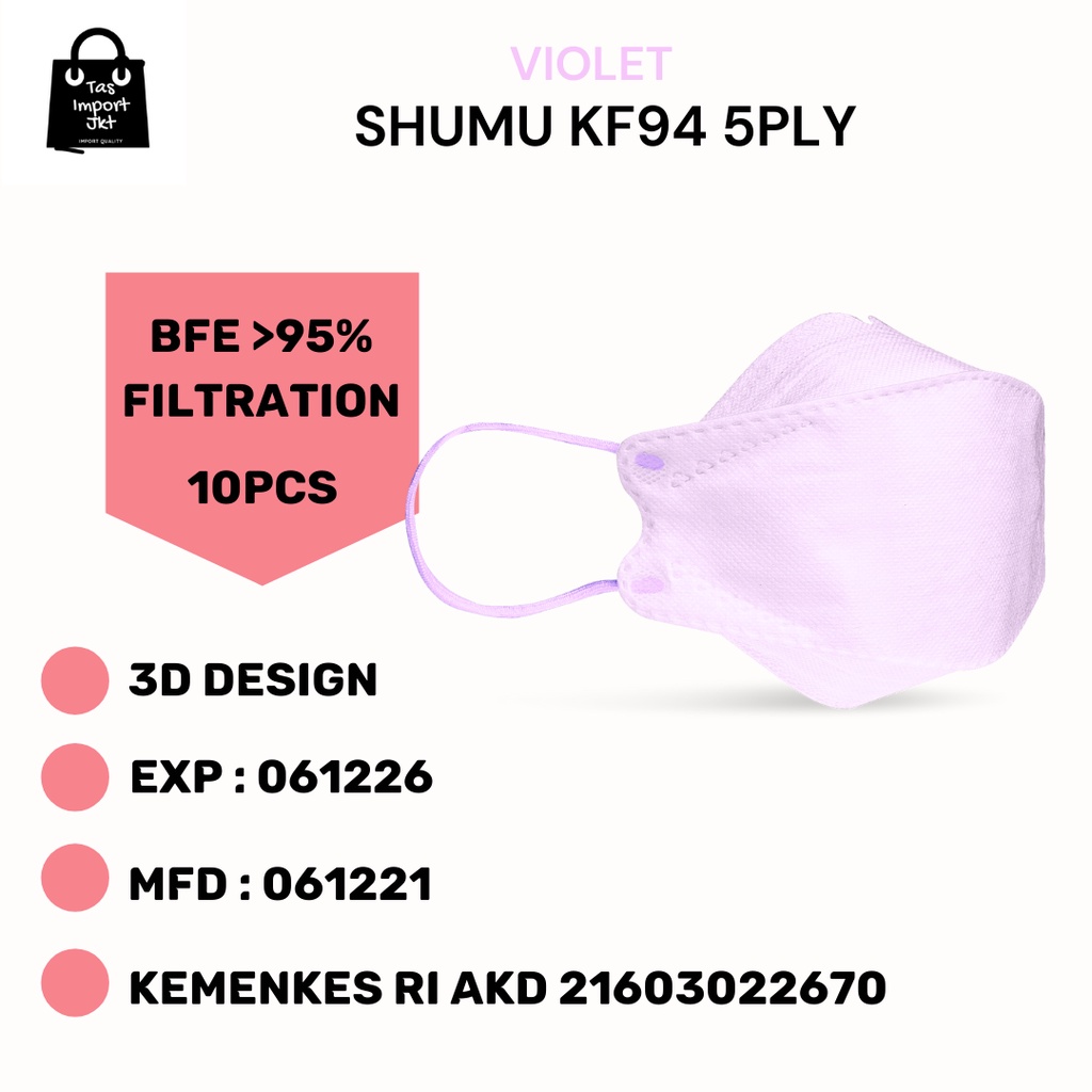 MASKER ANTI LIPSTIK  KF94 MASK VIOLET MURAH MERK SHUMU ORIGINAL 5PLY