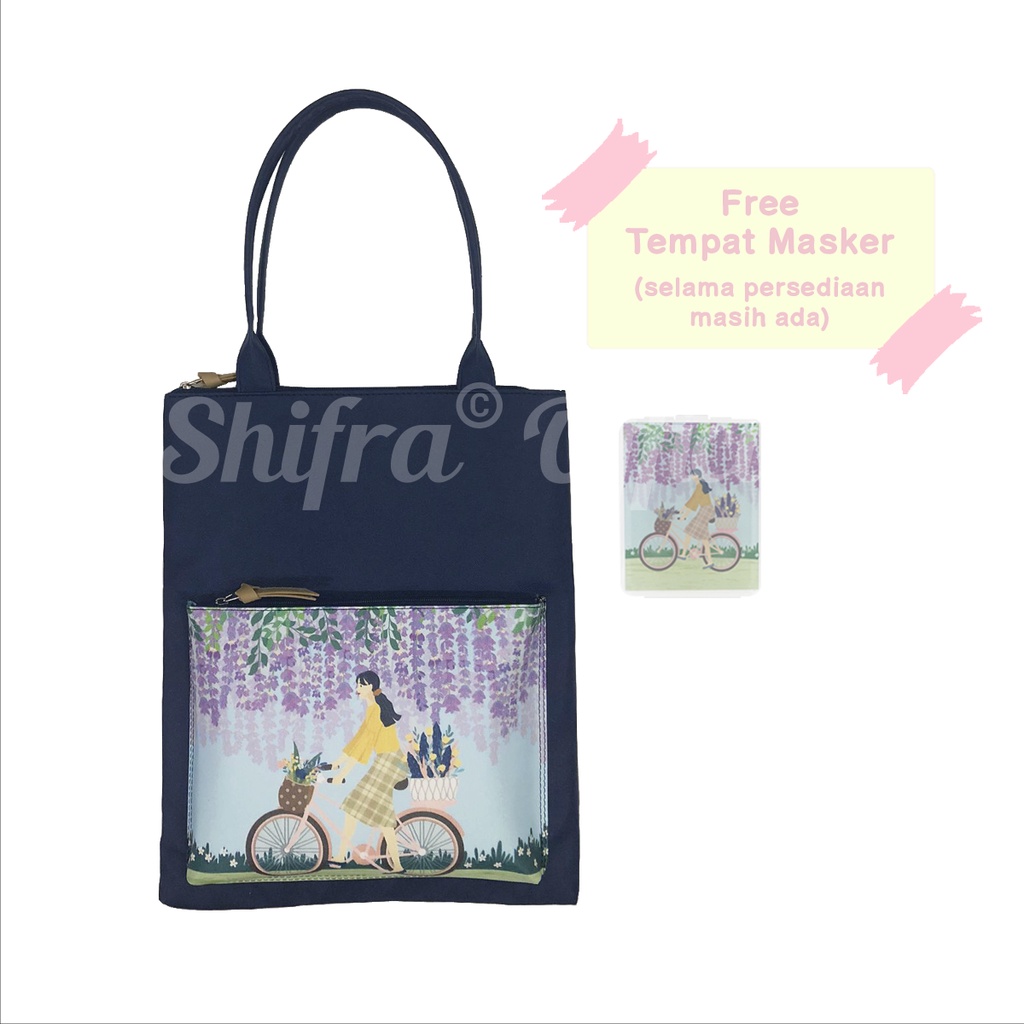 Shifra Tas Laptop Tali Pundak Kantong Depan Woman Grey Mint Navy (Free Pouch Masker)