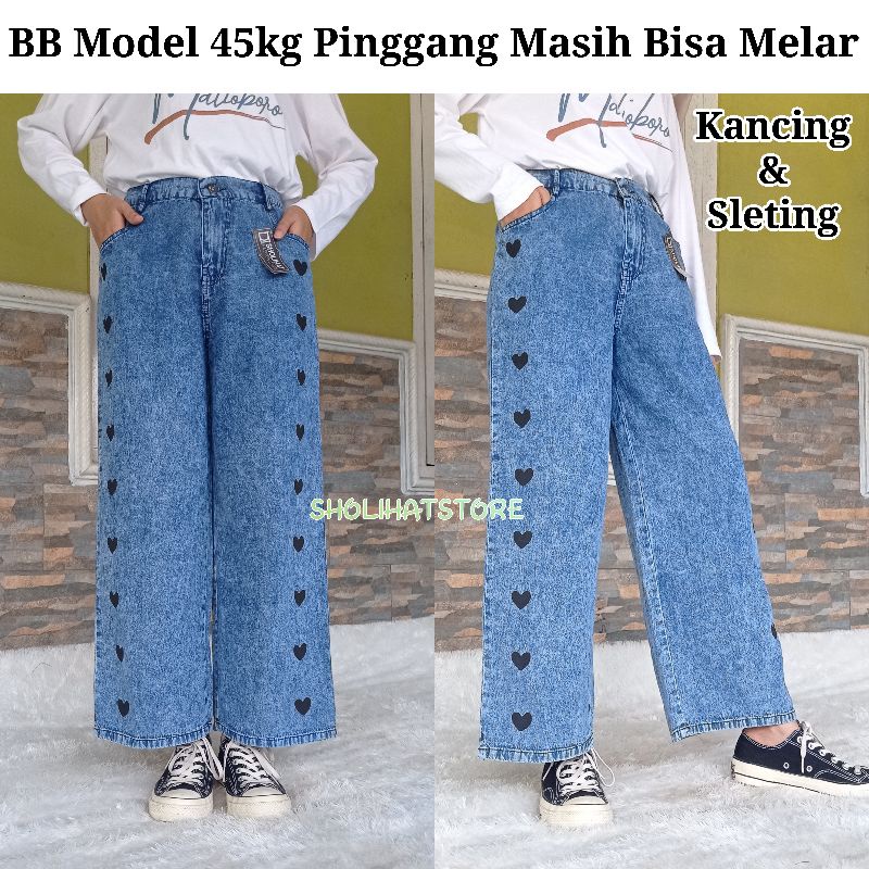 CELANA KULOT JEANS LOVE KANCING DAN SLETING PINGGANG KARET DI BELAKANG SUKURAN STANDAR SAMPAI SUPER JUMBO / KULOT SNOW JEANS PANJANG HIGH WAIST LOVE  / KULOT JEANS HW MODEL JEJE SUPER JUMBO 50KG 60KG 70KG 110KG / KULOT JEANS KOREAN STYLE / SHOLIHATSTORE