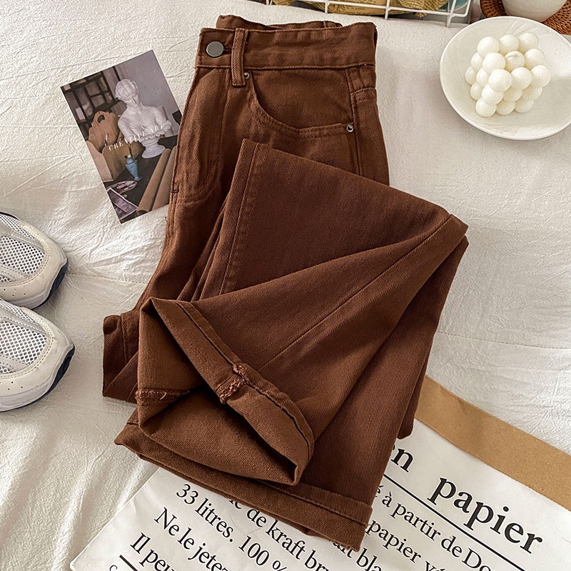 Coklat Korean New Celana Kulot Jeans Highwaist Wanita Loose（realpict）