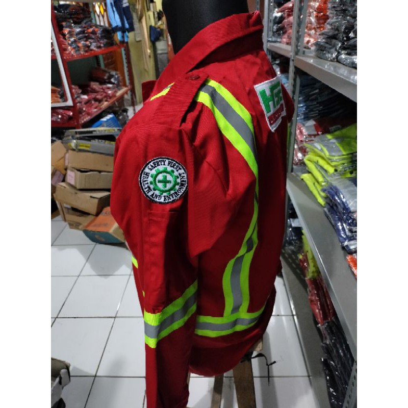 SERAGAM SAFETY HSE TEAM MERAH ATRIBUT LENGKAP RESLETING / KANCING ATASAN