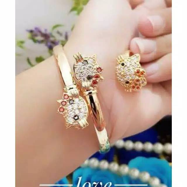 TERMURAH Set Perhiasan Lapis Emas Cincin Gelang Hello Kitty DEWASA Xuping XP0230 Titanium Rantai