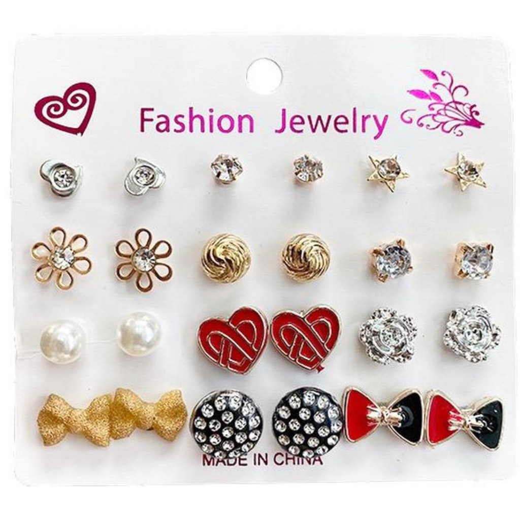 ⭐COD 12 Pasang Anting Set Tusuk Model Mutiara Intan Bentuk Bulat Gaya Korea Untuk Wanita Dalika-F