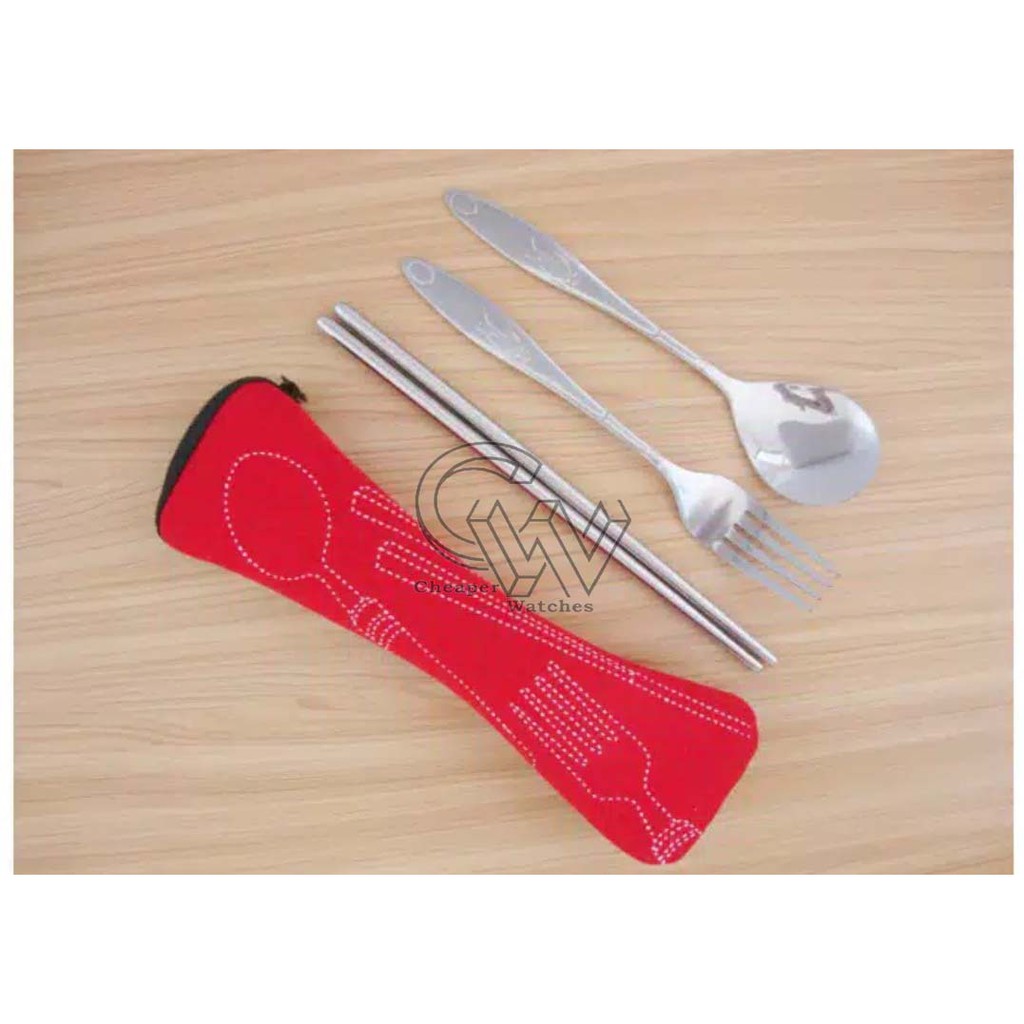 Cheaper-Sendok Sumpit Garpu Stainless Steel Set Pouch Sarung Tas Travel Souveiner Termurah