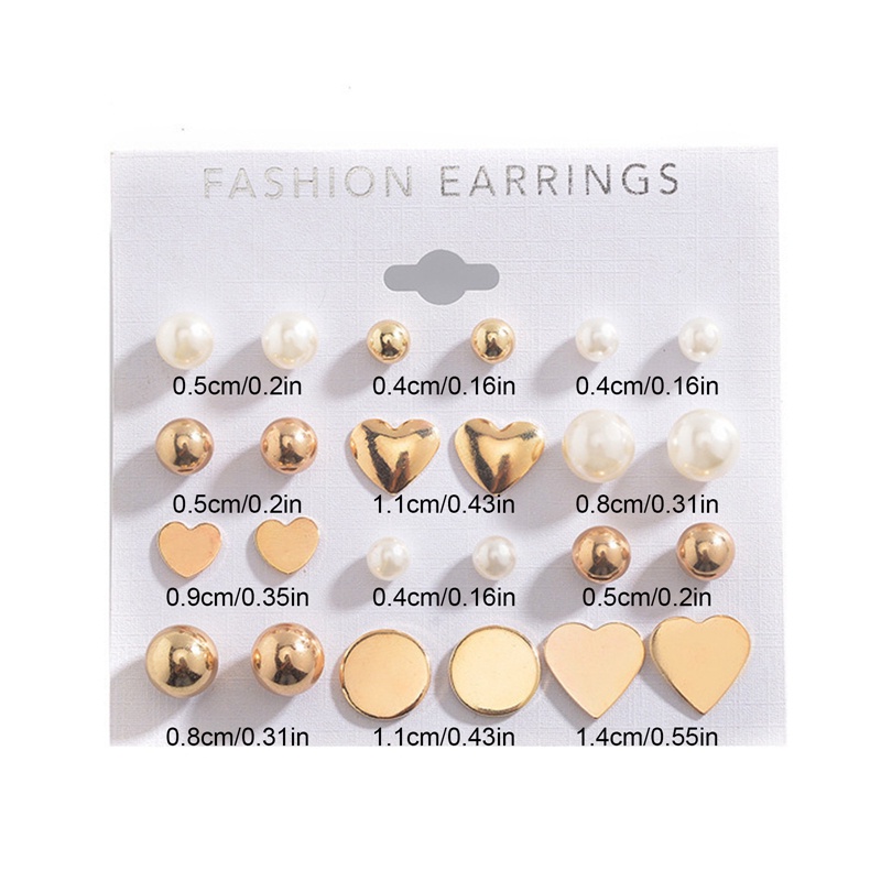 12 Pasang / Set Anting Stud Zircon Kristal Mutiara Bentuk Hati Warna Emas Untuk Wanita