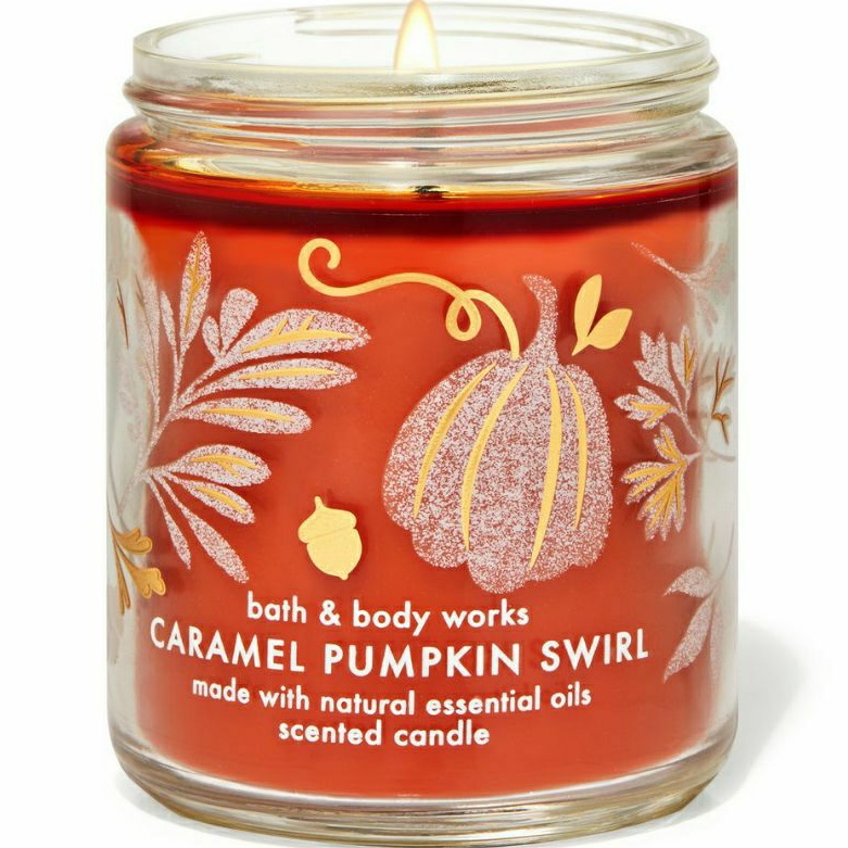 BATH &amp; BODY WORKS BBW CARAMEL PUMPKIN SWIRL MADE WITH ESSENTIAL OILS WHITE BARN 1 SINGLE WICK SCENTED CANDLE 198 G PENGHARUM RUANGAN