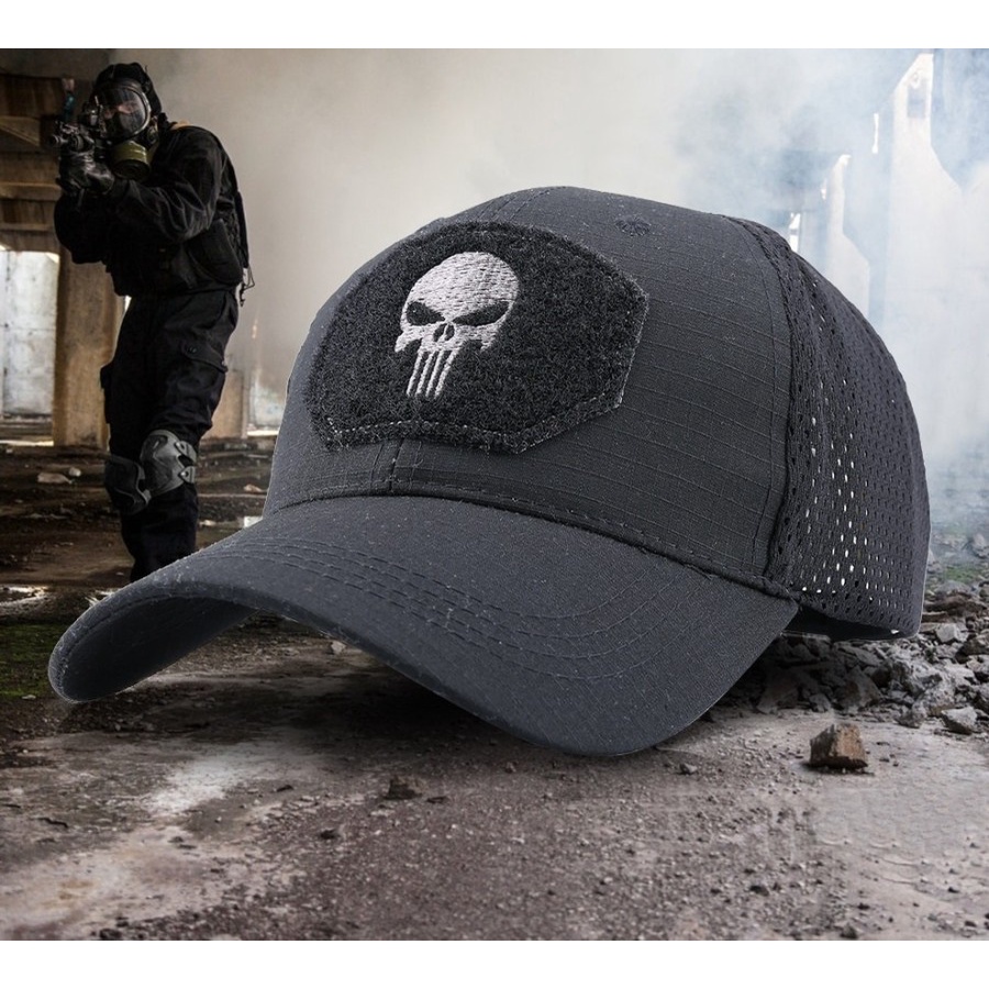 Topi Mesh Baseball Army Look Cap Punisher Skull - LY-CAP-01 - Black