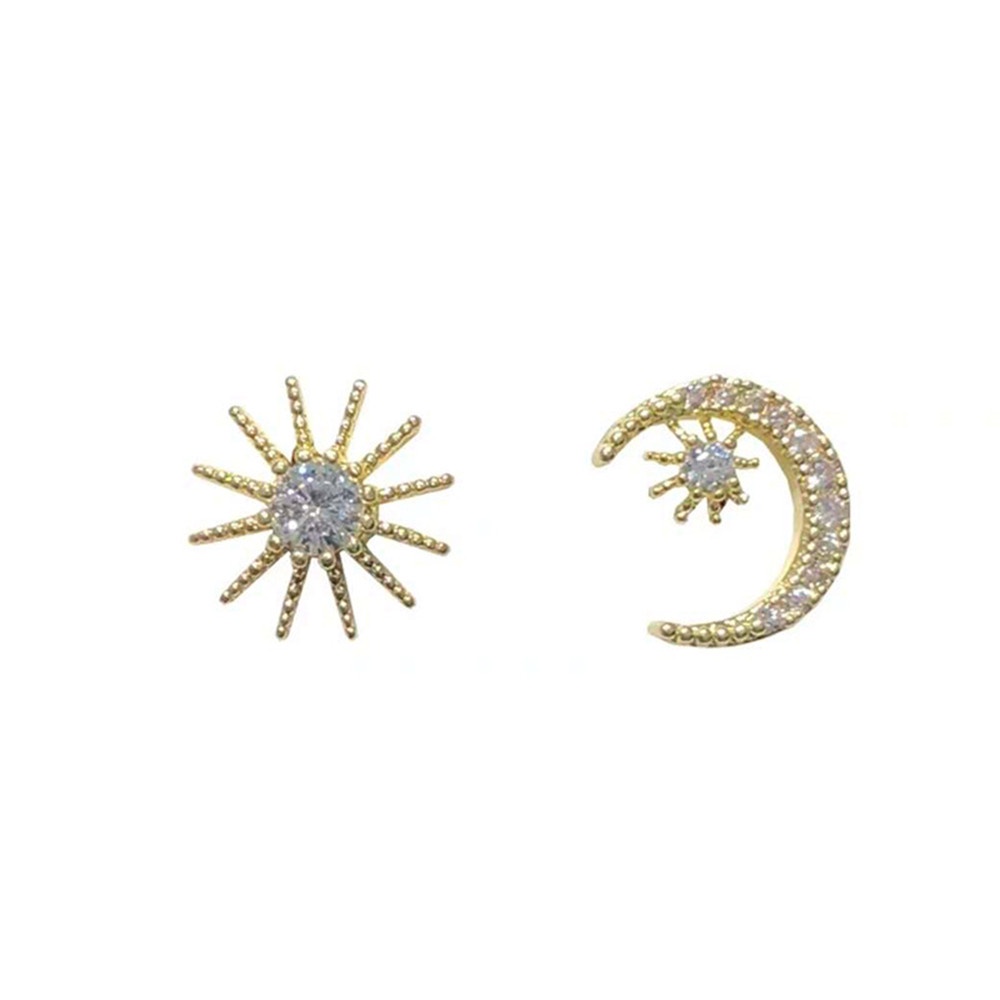 1 pasang Temperamen Sun Moon Desain Asimetris Anting Pejantan Berlian Emas untuk Wanita