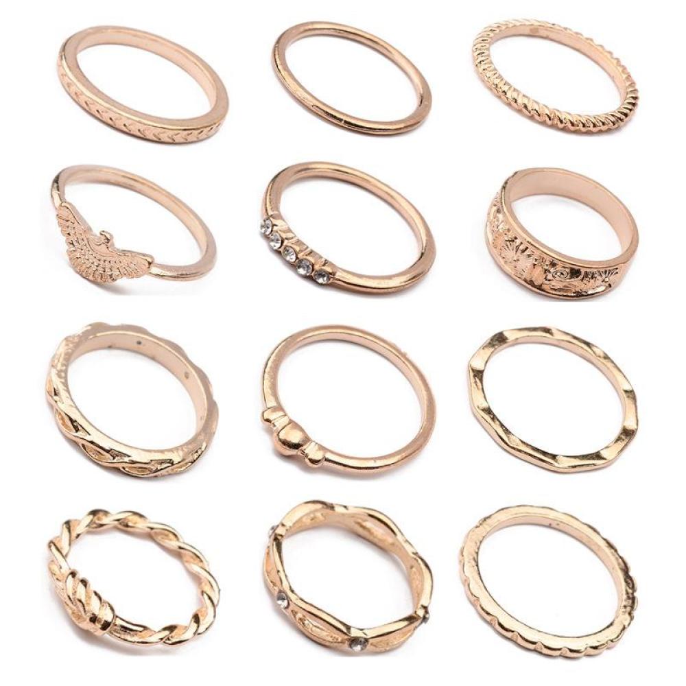 Timekey 12Pcs / Set Cincin Buku Jari Aneka Bentuk Warna Gold Gaya Boho Vintage Untuk Wanita A8K6