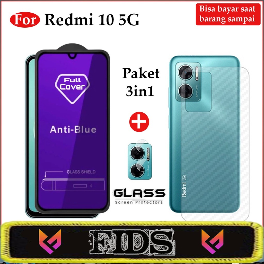 NEW PAKET 3 IN 1 Anti Gores Layar Xiaomi Redmi 10 5G Free TG Camera &amp; Skin Carbon Pelindung Body Belakang Handphone