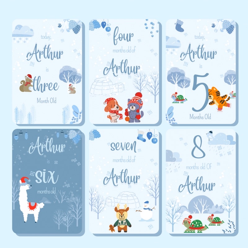 Baby milestone card baby boy premium winter animal theme free custom name