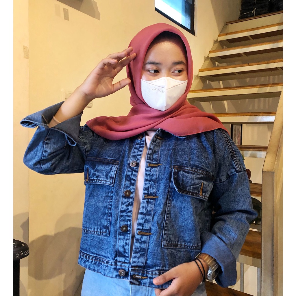 JAKET JEANS ALMA SANDWASH JUMBO LD 100-146 BAHAN DENIM JAKET WANITA CROPTY BIGSIZE-dorio biru ld 120