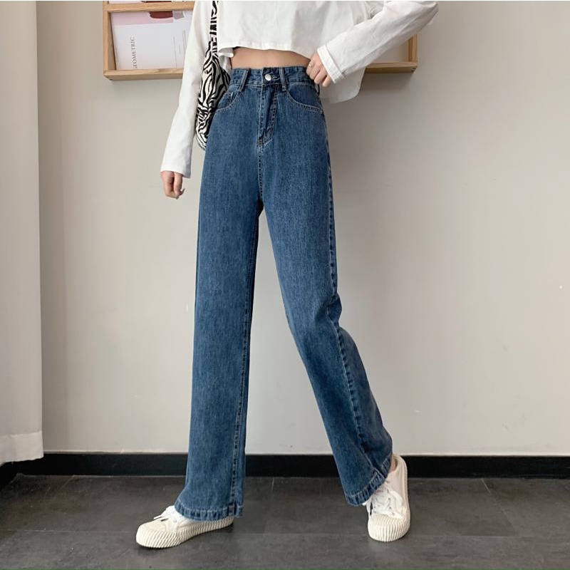 Celana Jeans Wanita High Waist Korean Style Straight Denim Pants Loose Wide Leg