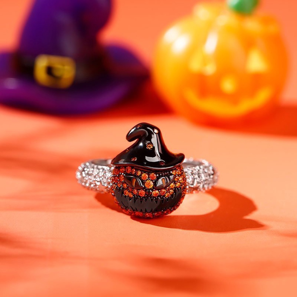 Hu Hu Hu Hu Hu Alat Bantu Pasang Kacamata♡ Cincin Desain Kartun Labu Wajah Bintang Aksen Berlian Imitasi Tahan Lama Untuk Pria Dan Wanita