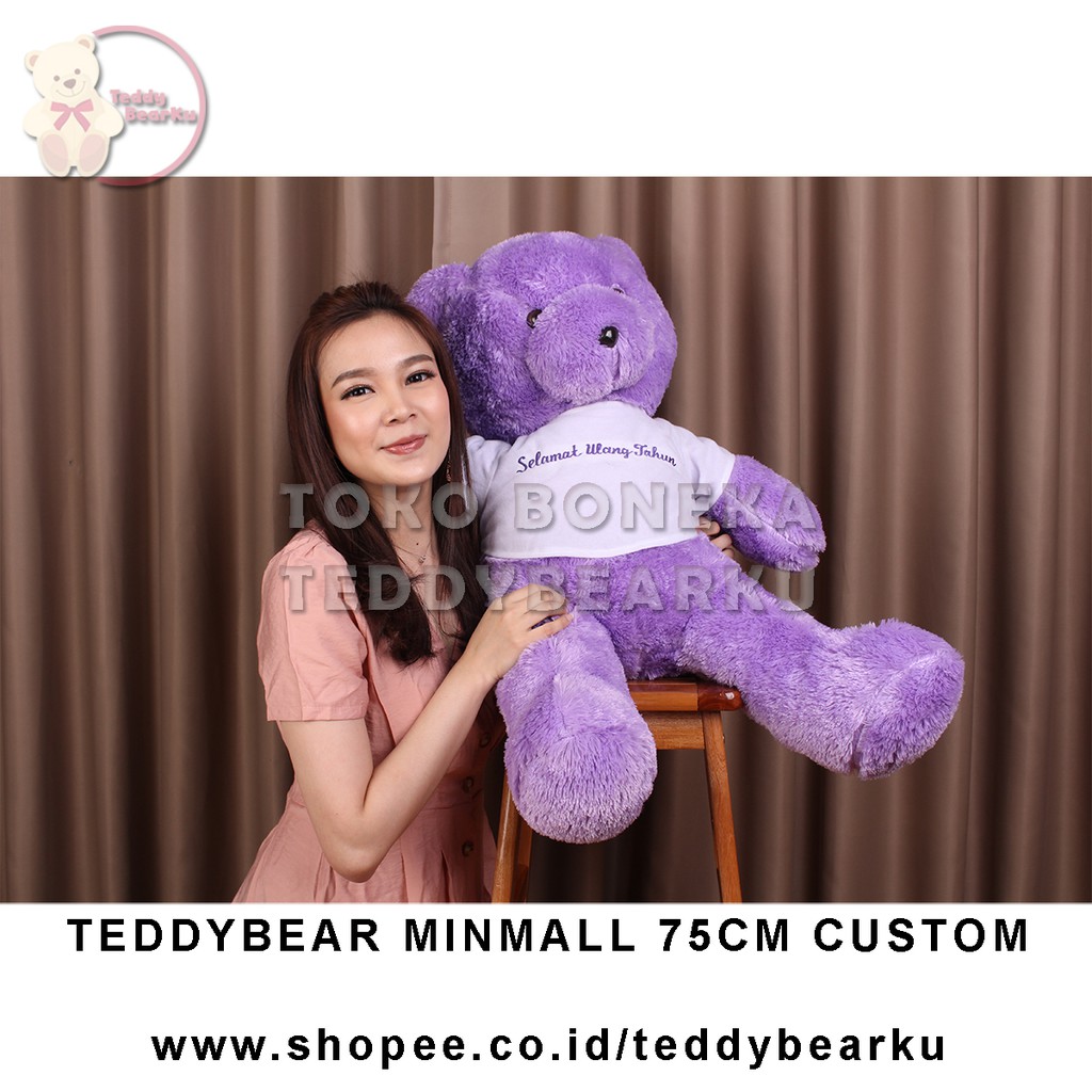 Teddy Bear Ungu Baju Putih + Tulisan Custom Boneka Beruang Mini Mall 75CM XL